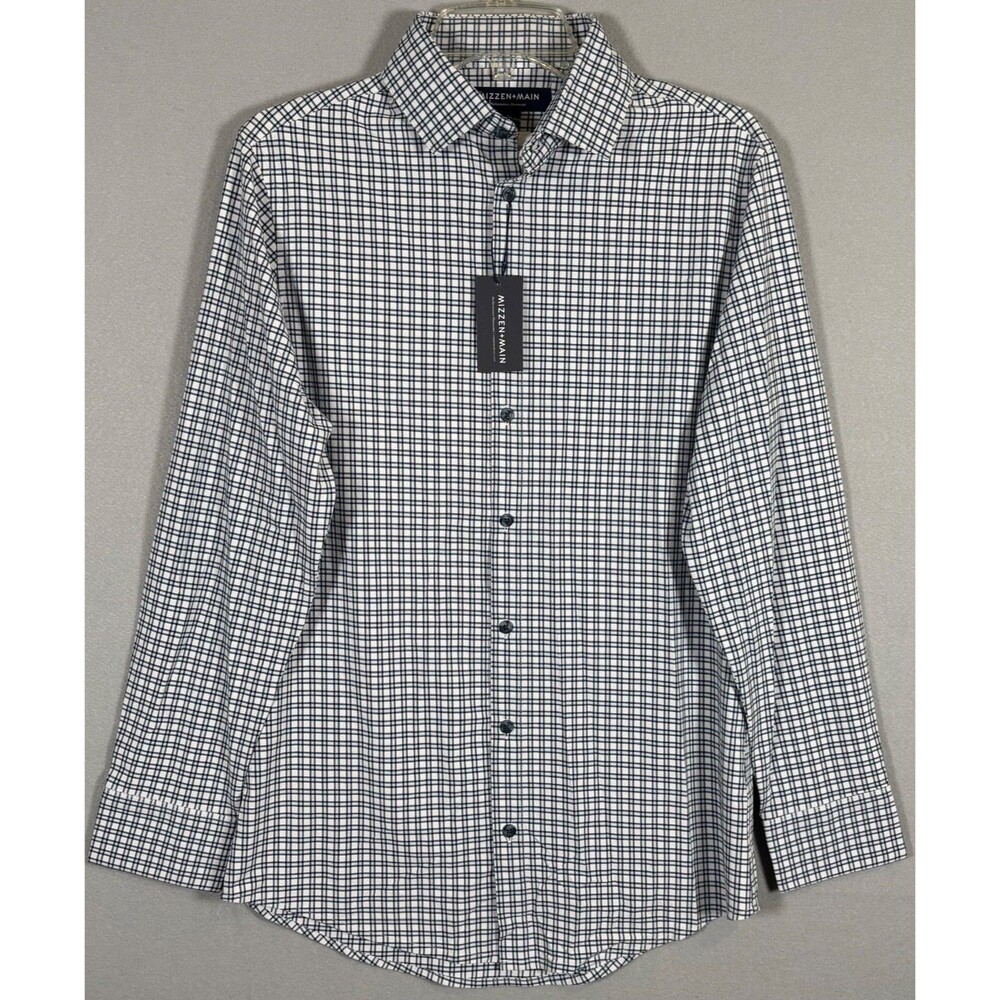 NWT Mizzen Main Performance Menswear Shirt Mens S Blue Plaid Button Up Trim Fit